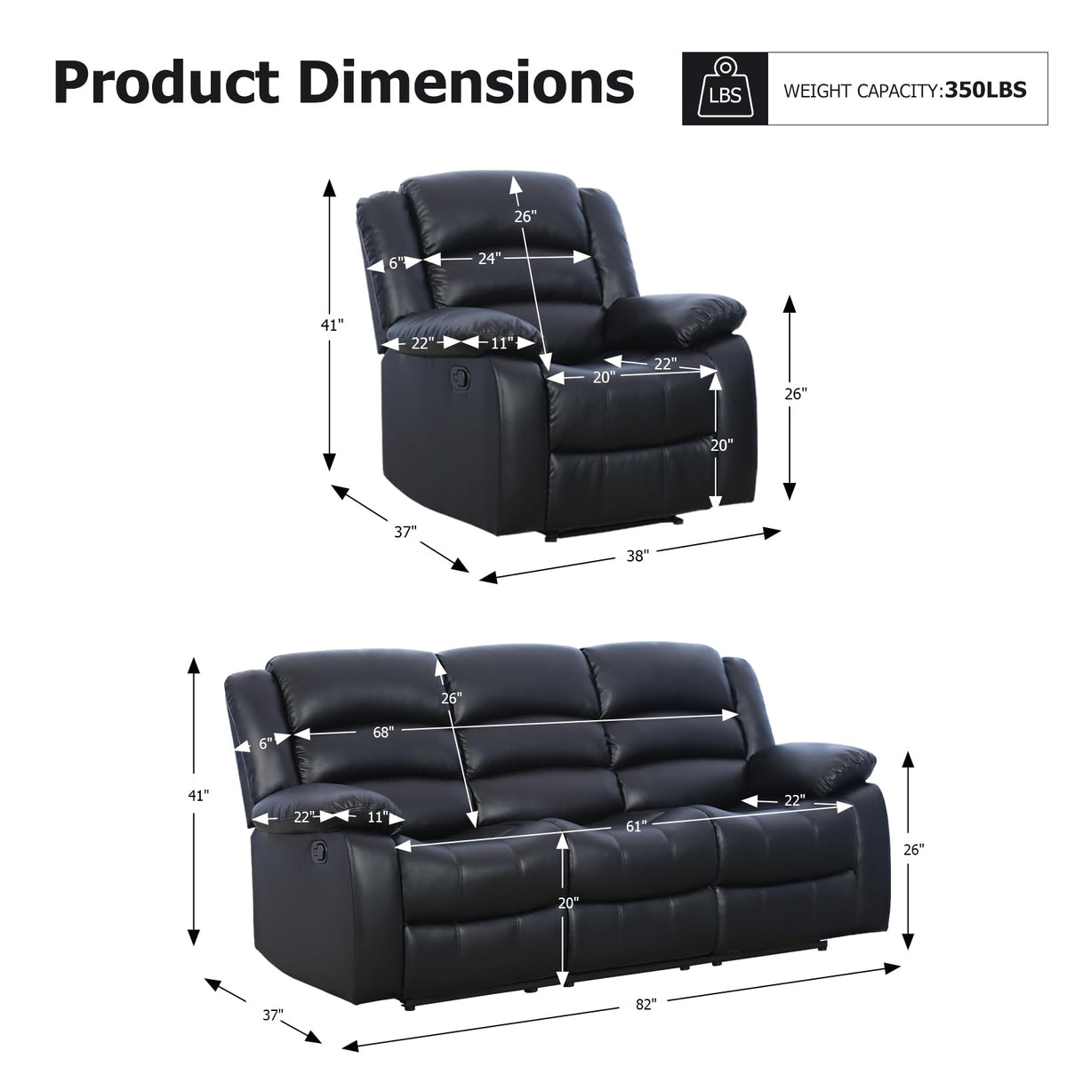 EBELLO Manual Faux Leather Reclining Couch Set for Living Room, Include 1 Recliner Chair, 1 Loveseat Sofa, Recliner Sofa Furniture Set for Home and Office, Black
