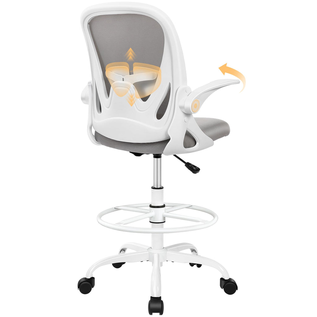 Drafting Chair Tall Office Chair with Flip-up Armrests, Adjustable Height, and Enhanced Lumbar Support - Ergonomic Rolling Stool, Back Support, and Adjustable Foot Rest Ring for Standing Desk White