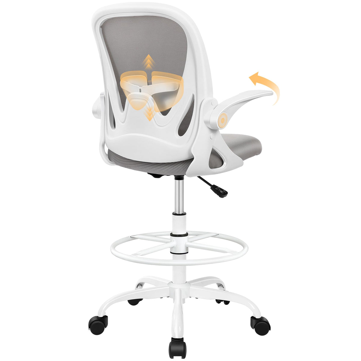 Drafting Chair Tall Office Chair with Flip-up Armrests, Adjustable Height, and Enhanced Lumbar Support - Ergonomic Rolling Stool, Back Support, and Adjustable Foot Rest Ring for Standing Desk White