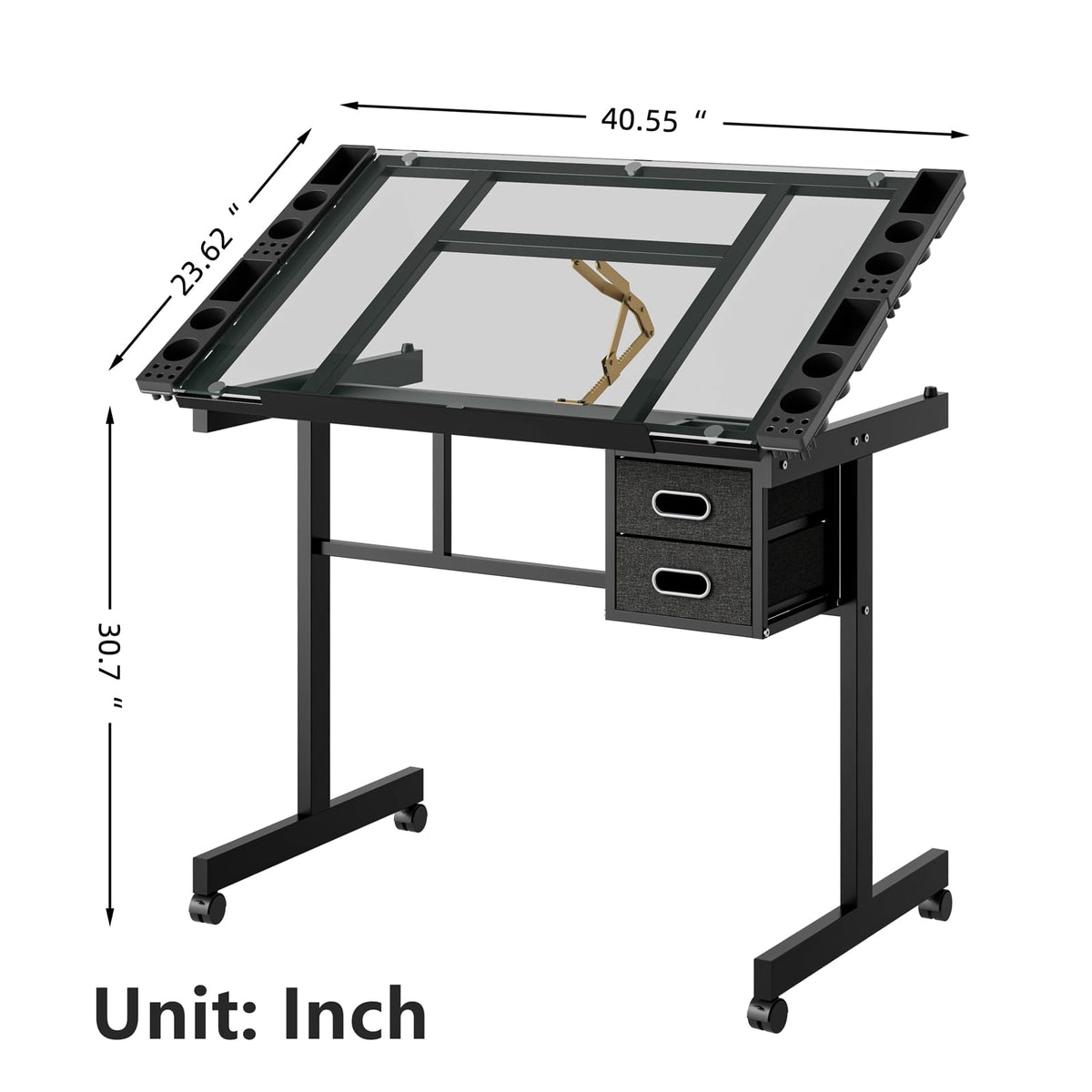 Drafting Table, Adjustable Height Drawing Table Art Table Painting Table Art Craft Desk with 0-75Â° Tilting Glass Tabletop and Storage Drawers, Black