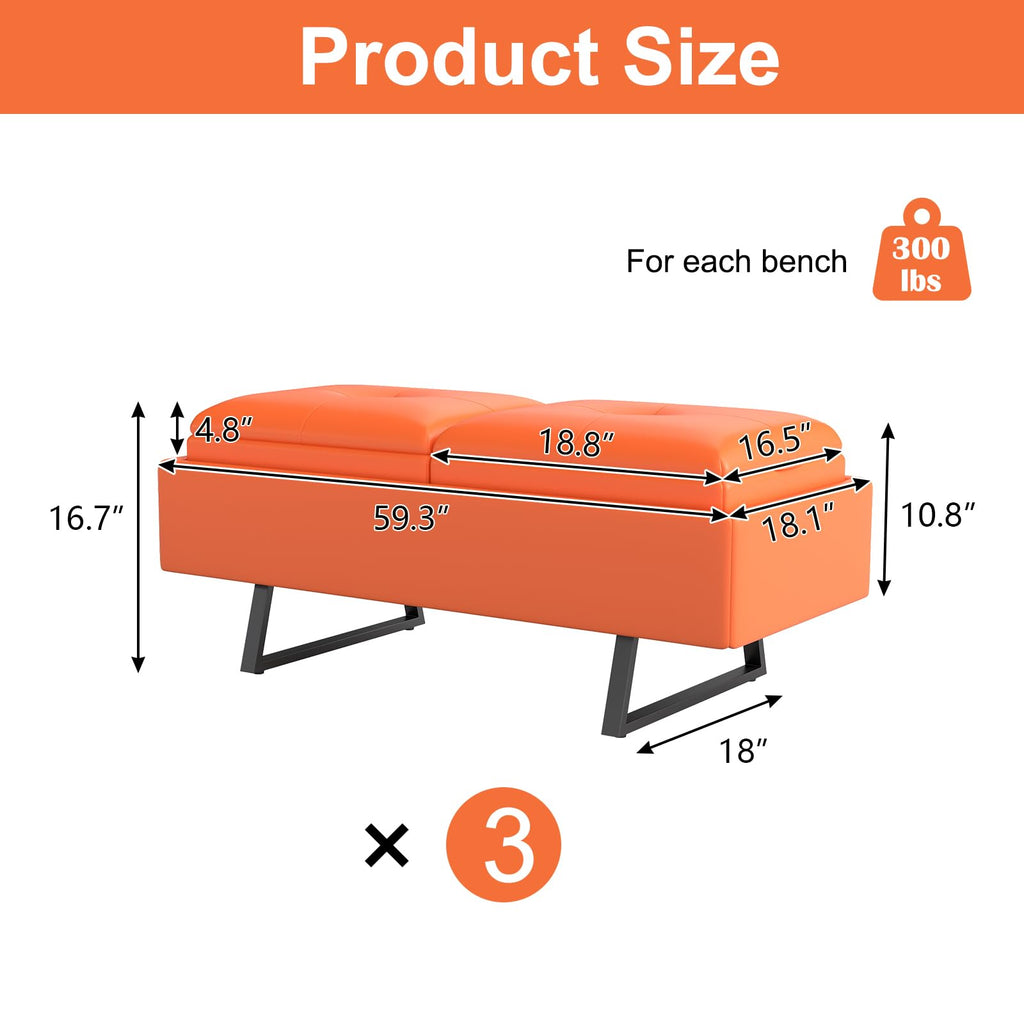 MOTION Leather Bench Waiting Room Chairs - 3 Seat Office Guest Reception Bench with Cushion, Waiting Room Bench Seating, Office Furniture Lobby Chairs for Salon, Shop, Set of 2, Orange