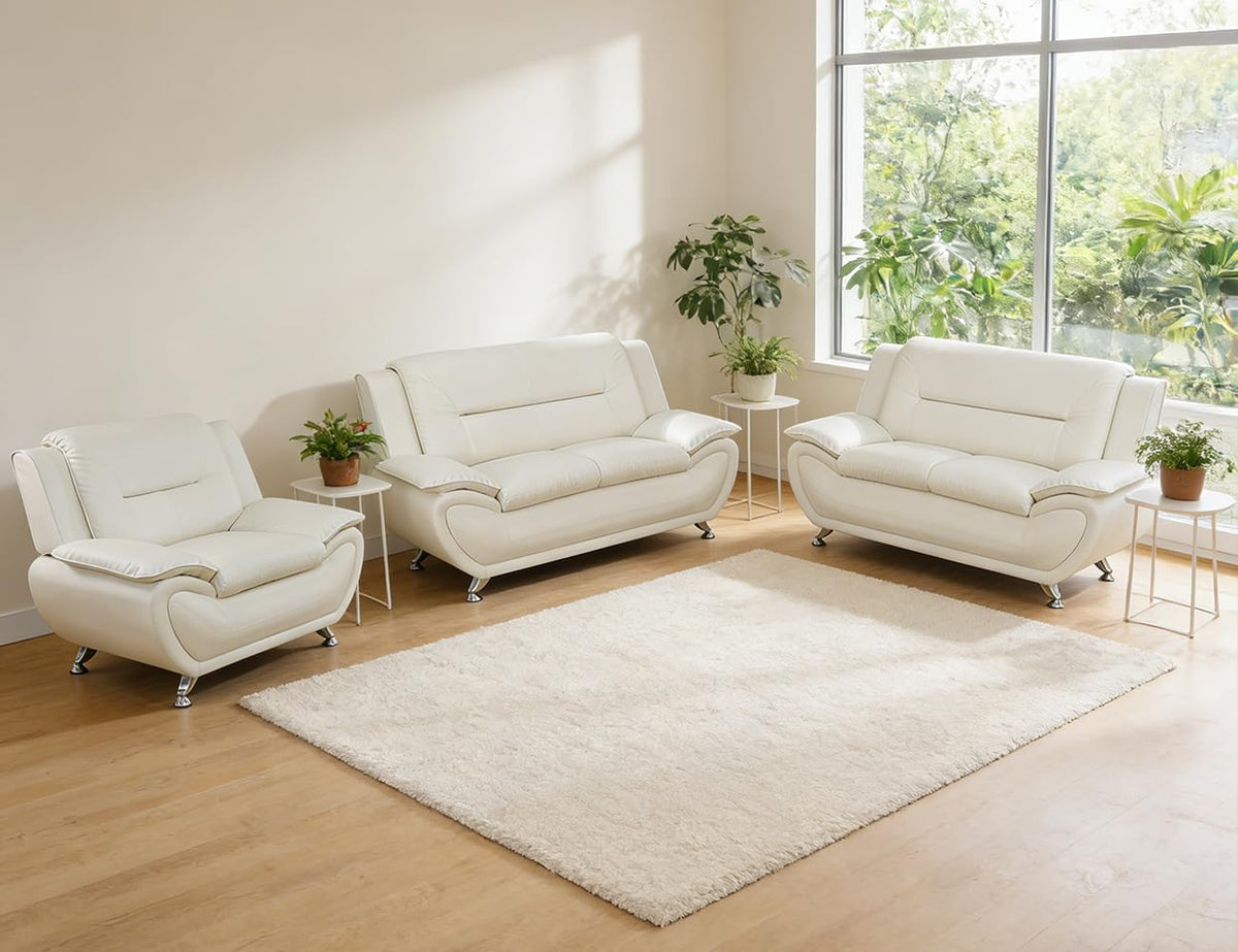 Leather Sectional Sofa Couches, Living Room Sofa and Loveseat Set, Faux Leather Couch and Loveseat Set for Office/Bedroom/Apartment, Cream