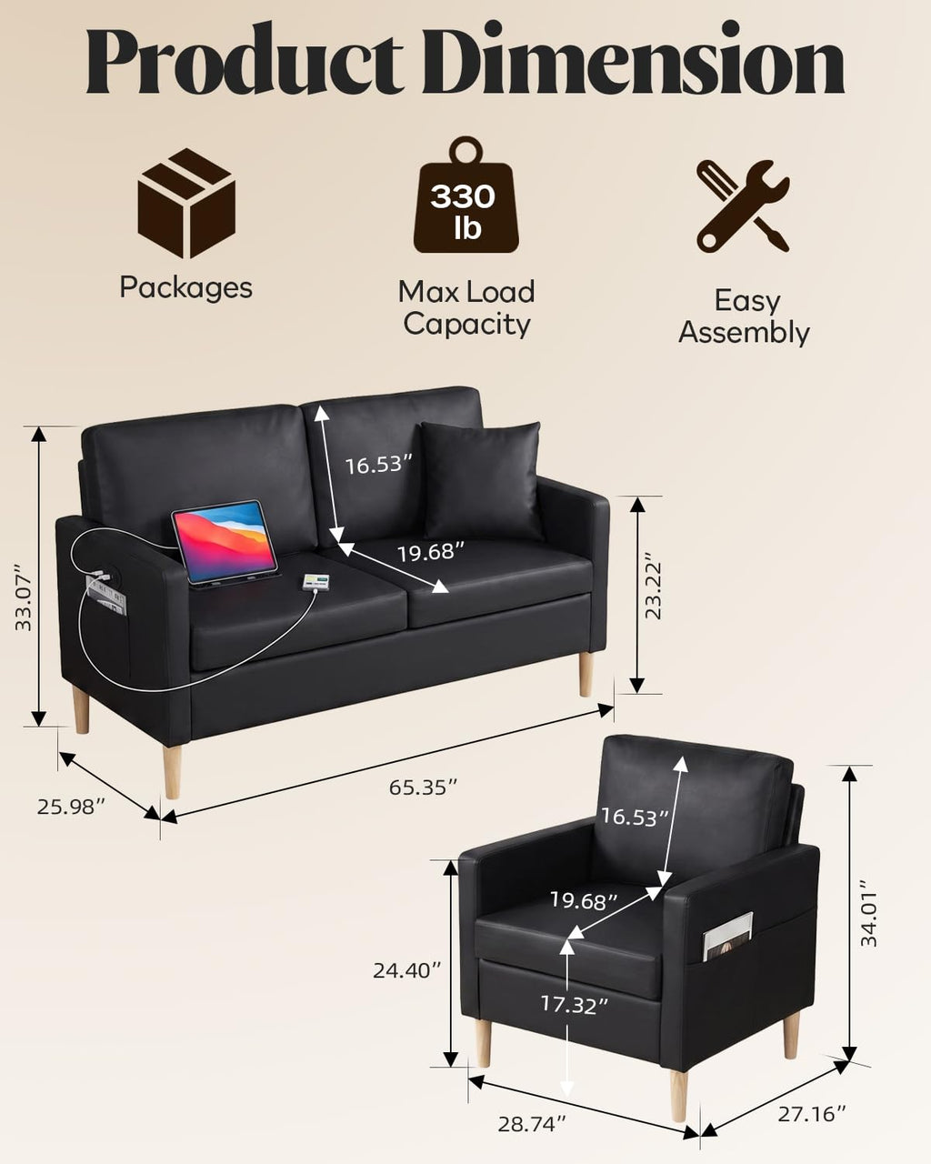 3 Piece Black Faux Leather Modern Small Couch and Chair Set for Office