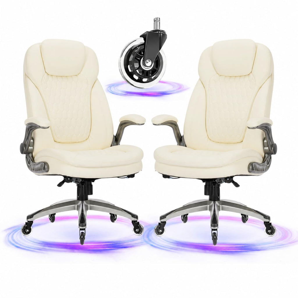 COLAMY High Back Executive Office Chairs, Ergonomic PU Leather Desk Chairs with Flip-Up Armrests, Adjustable Height, Lumbar Support, Comfortable Computer Chairs for Home Office, Set of 2