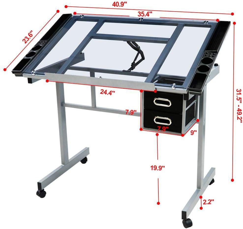Yaheetech Glass Drafting Table with Storage, Adjustable Art Drawing Desk