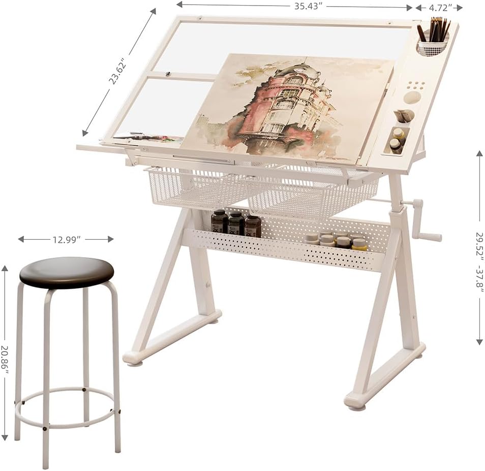 Glass Drafting Table Art Desk,Modern Minimalist Bar Chairs and Bar Stools with Can Rotate 360 Tilted Tabletop with Chair and Drawers for Craft Station Studio Home Office Schoo