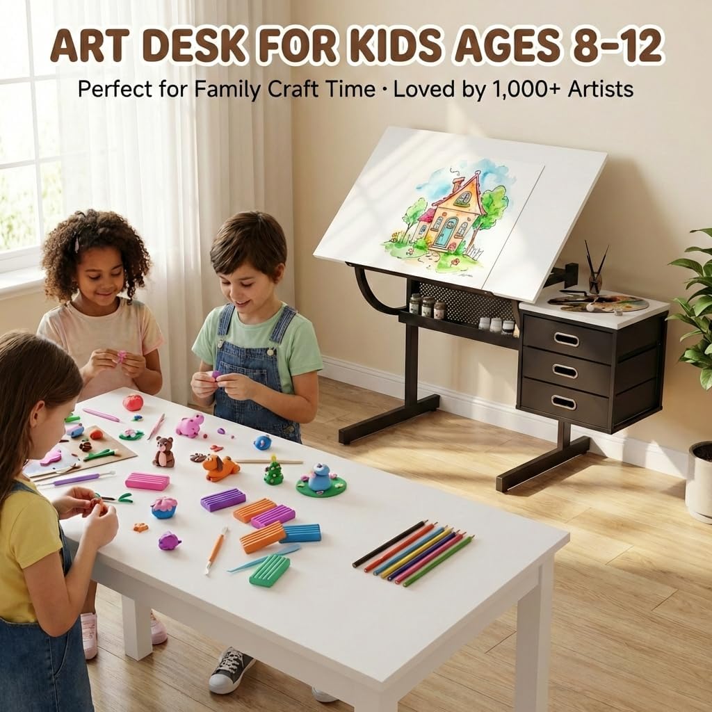 Adjustable Art Desk with Storage, 0-75Â° Tilting Drafting Table, 3 Drawers, Free Stool - Ideal for Diamond Painting, Architecture, Animation Projects (White)