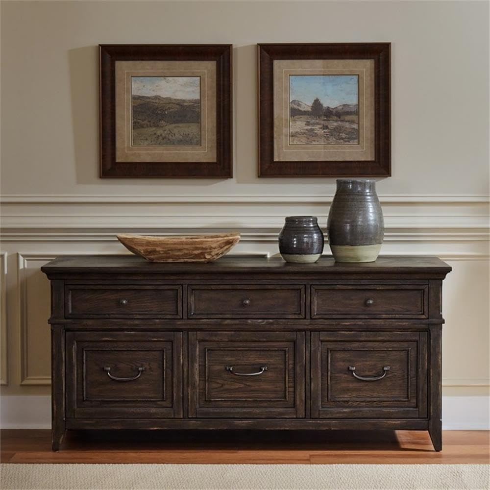 Pemberly Row 2-Piece Desk Set, Brown Finish, Writing Desk and Credenza, Full Extension Dovetail Drawers, Bead Molding, Durable Office Furniture for Home Study or Bedroom Work Area