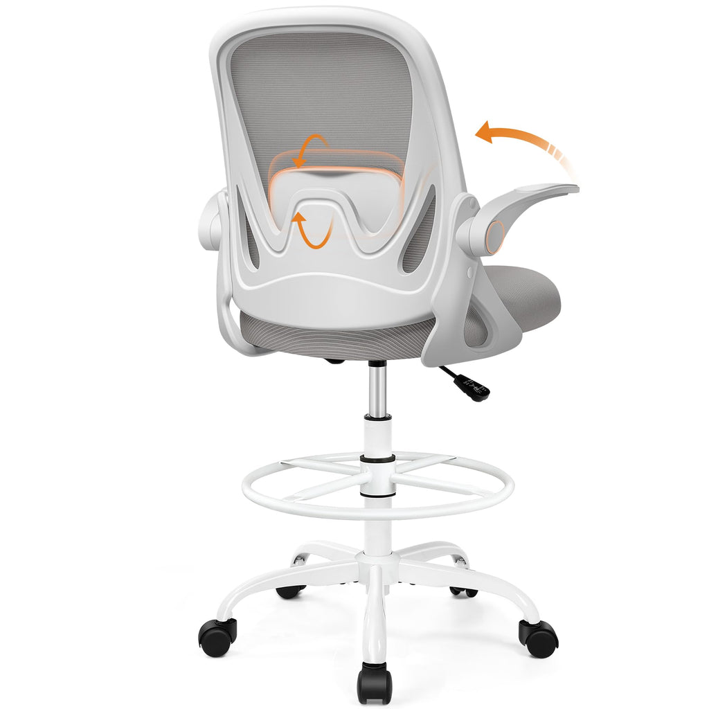Drafting Chair Tall Office Chair with Flip-up Armrests, Adjustable Height, and Enhanced Lumbar Support - Ergonomic Rolling Stool, Back Support, and Adjustable Foot Rest Ring for Standing Desk White