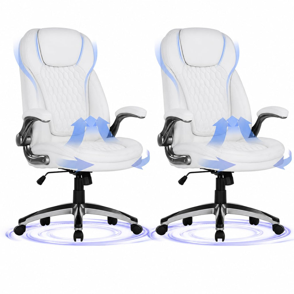 COLAMY High Back Executive Office Chairs, Ergonomic PU Leather Desk Chairs with Flip-Up Armrests, Adjustable Height, Lumbar Support, Comfortable Computer Chairs for Home Office, Set of 2