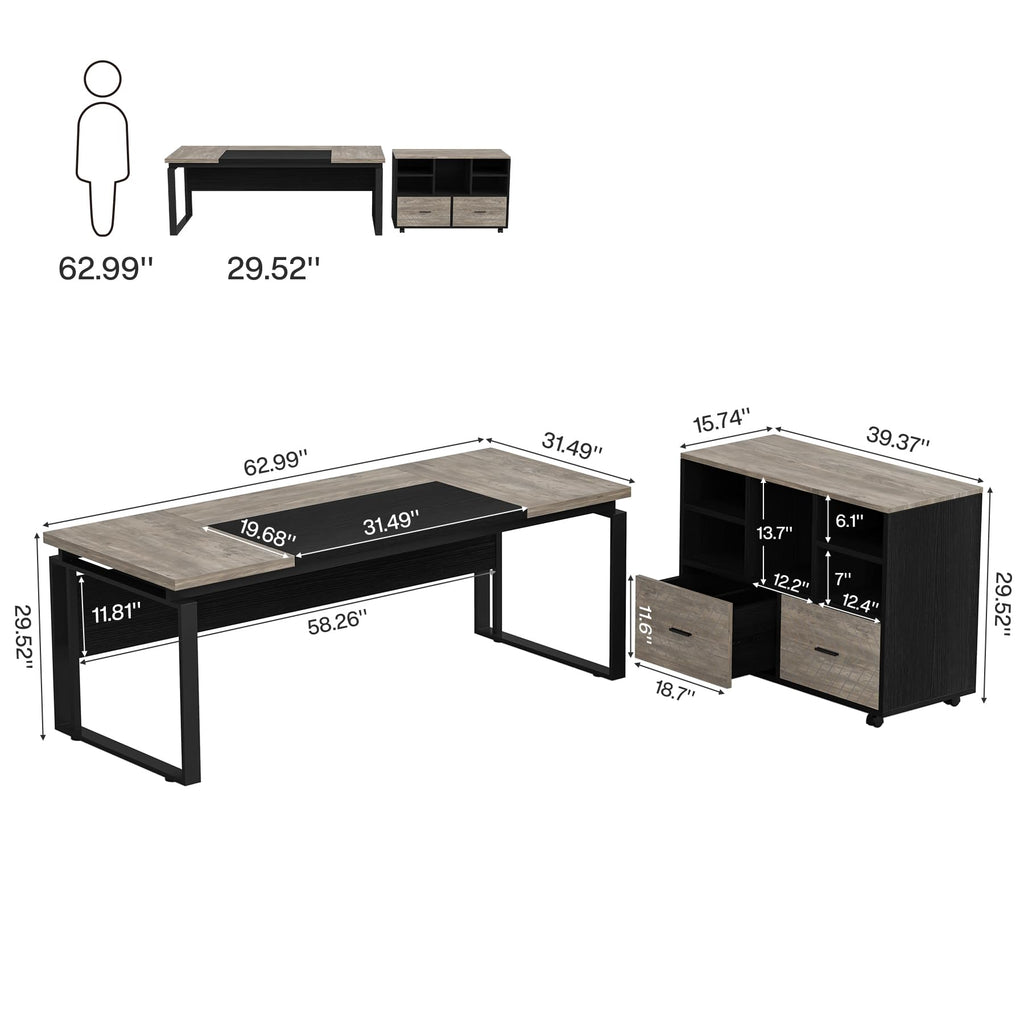 Tribesigns L-Shaped Executive Desk with Reversible File Cabinet, 63" Office Desk with Storage Drawers, Computer Desk Set (Oak Karo & White)