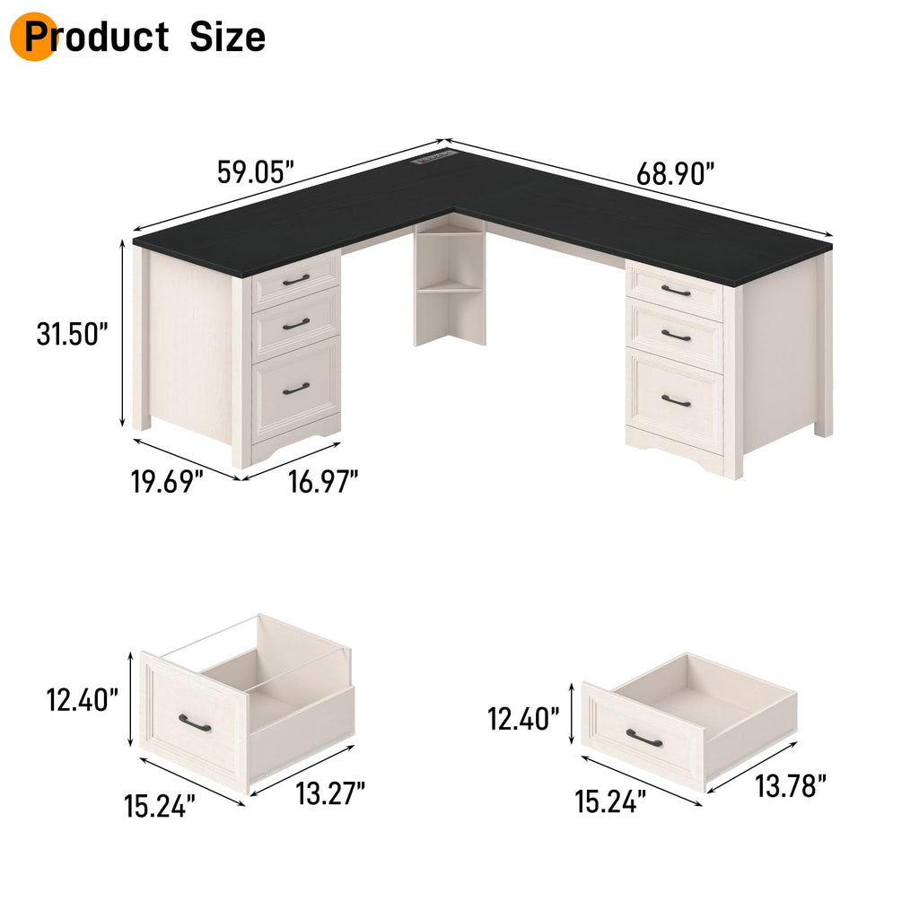 Halitaa Farmhouse Home Office Desk with 6 Drawers, L Shaped Executive Desk with Power Outlets and Triangle Under-Desk Storage Shelf & Drawer File Cabinet, Corner Computer Desk, Grey
