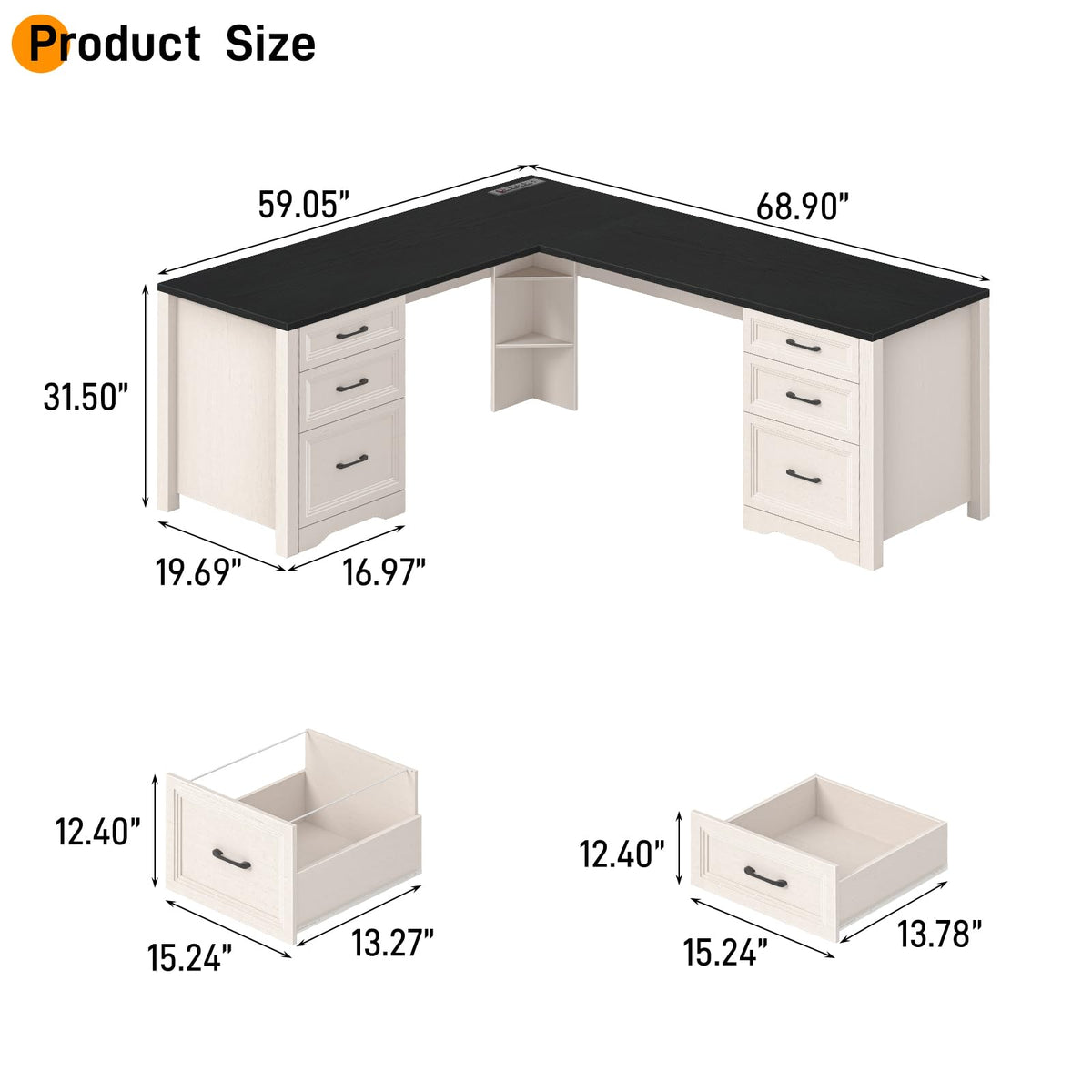 Halitaa Farmhouse Home Office Desk with 6 Drawers, L Shaped Executive Desk with Power Outlets and Triangle Under-Desk Storage Shelf & Drawer File Cabinet, Corner Computer Desk, Grey