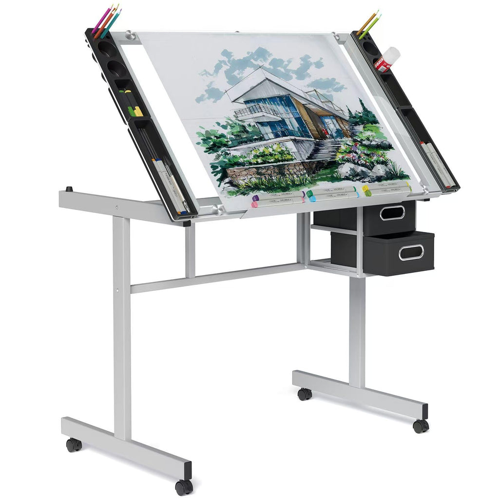OS MOTOR Adjustable Height Drafting Table with Wood Top, Art Craft Desk with Slide-Out Drawers, Storage, for Drawing, Writing, Painting, and Creative Tasks, Ideal for Home Office, Natural