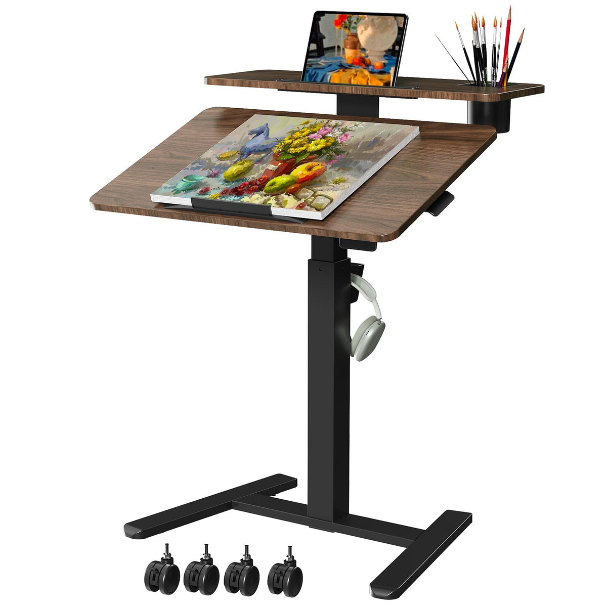28" Mobile Standing Desk, Tiltable Top with 2-Tier Shelves, White
