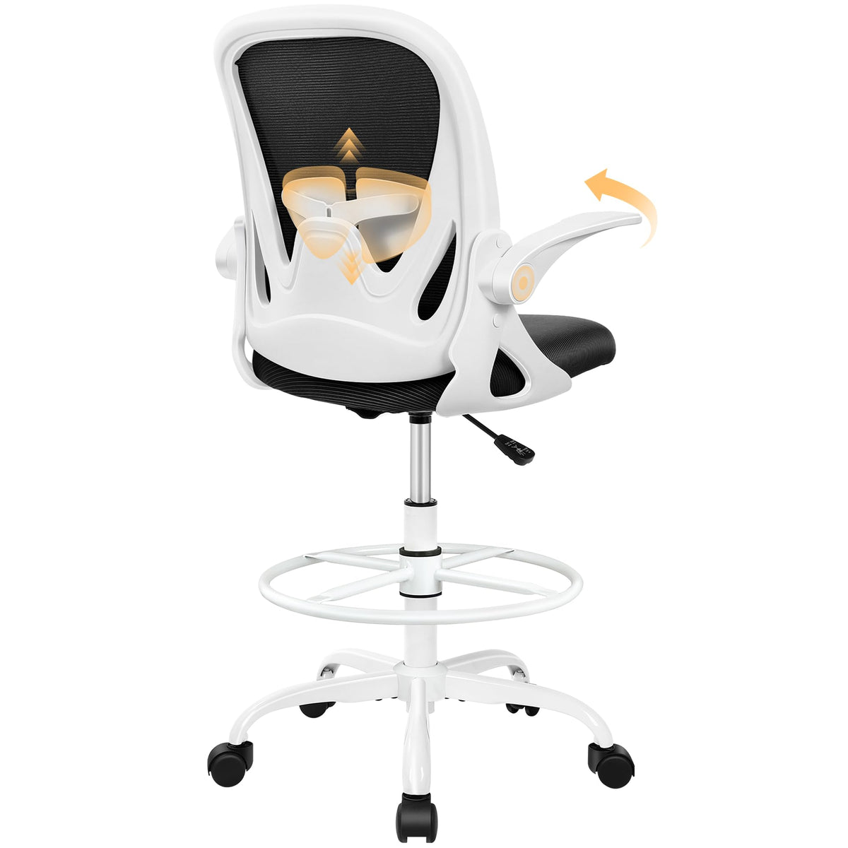 Drafting Chair Tall Office Chair with Flip-up Armrests, Adjustable Height, and Enhanced Lumbar Support - Ergonomic Rolling Stool, Back Support, and Adjustable Foot Rest Ring for Standing Desk White