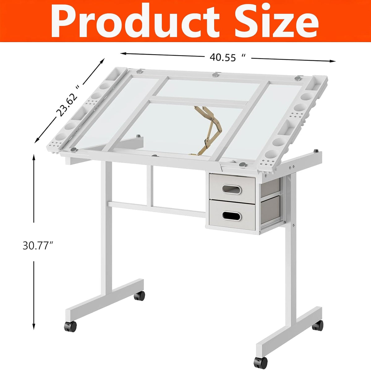 Rolling Drafting Table with Storage and Wheels, Tempered Glass Table Top
