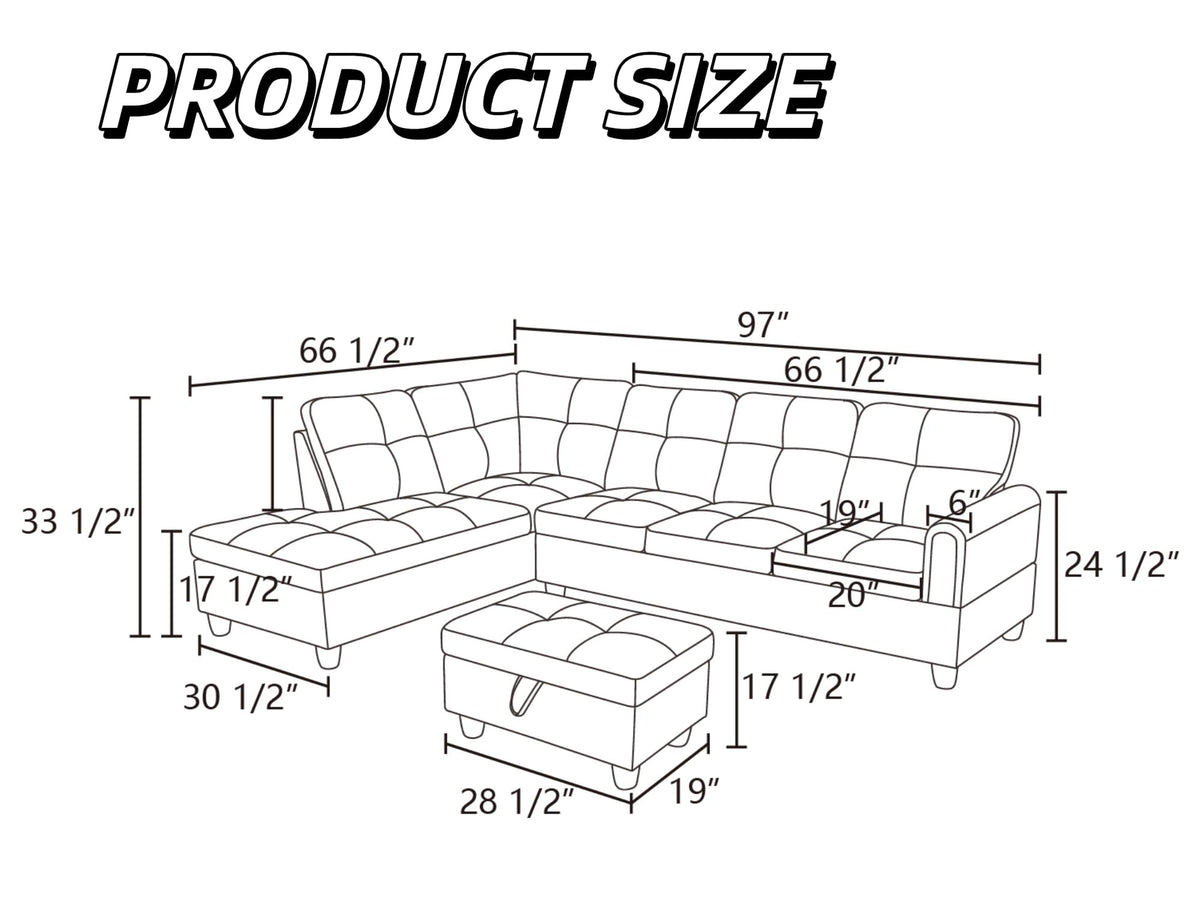 97.5" L-Shaped Modular Sectional Sofa with Movable Chaise & Storage Ottoman, 3 Piece Convertible Leather Couch, 4 Seat Gloss Black Living Room Furniture Set for Apartment Home Office