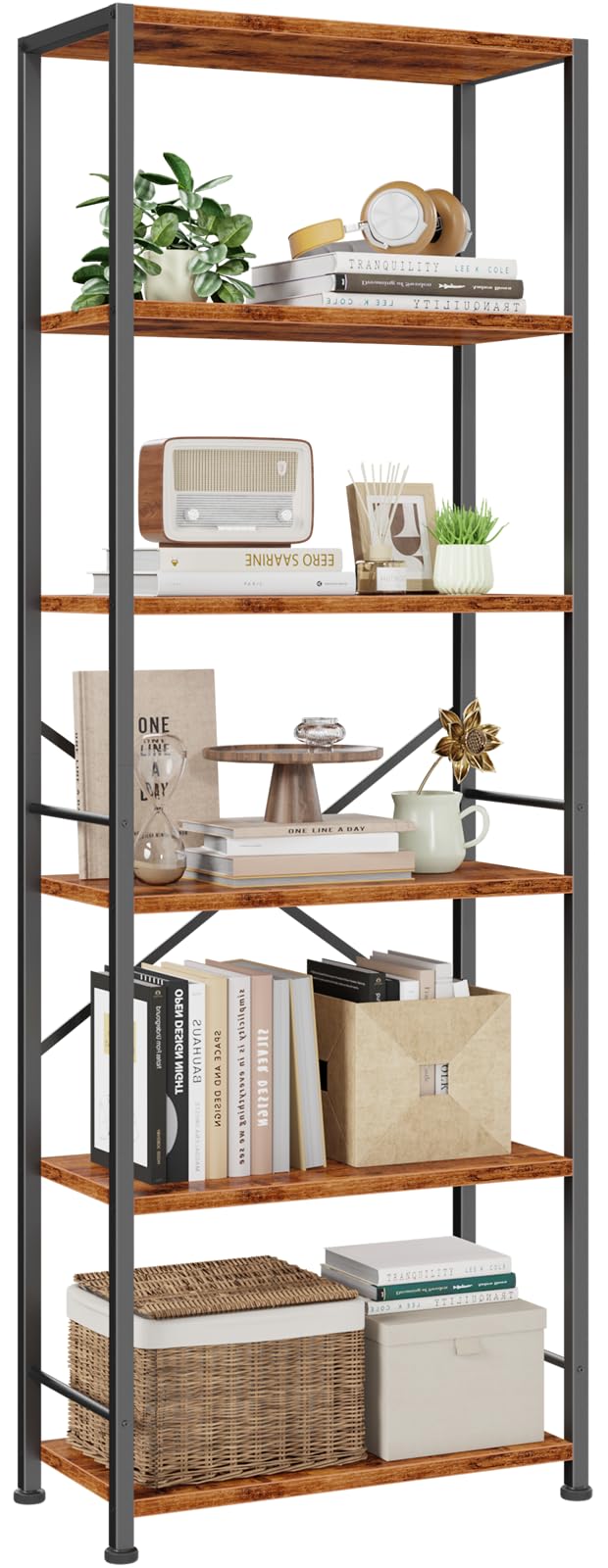 Furologee 5 Tier Book Shelf Set of 2, Tall Wide Bookshelf, Rustic Brown