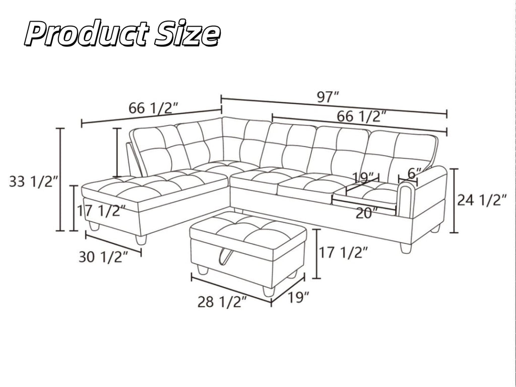 97.5" L-Shaped Modular Sectional Sofa with Movable Chaise & Storage Ottoman, 3 Piece Convertible Leather Couch, 4 Seat Gloss Black Living Room Furniture Set for Apartment Home Office