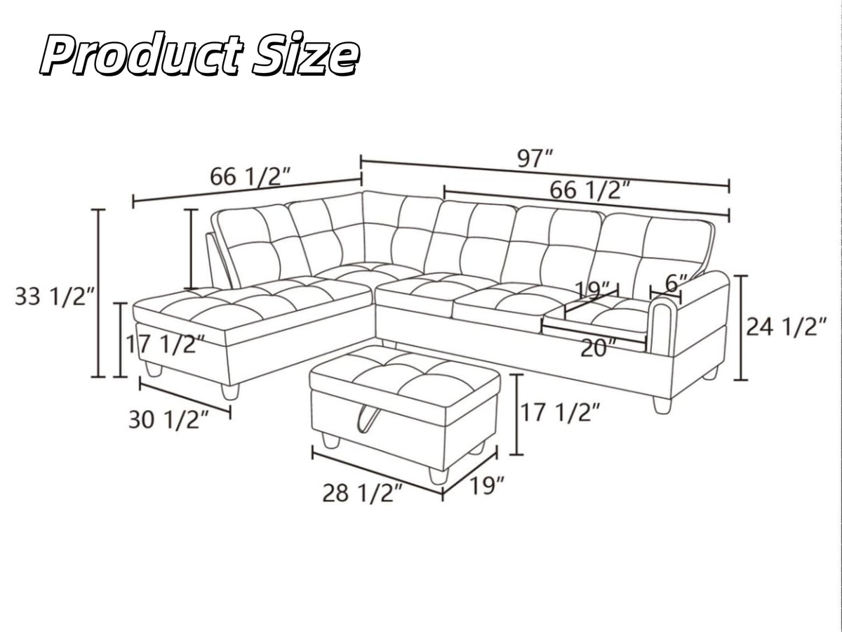 97.5" L-Shaped Modular Sectional Sofa with Movable Chaise & Storage Ottoman, 3 Piece Convertible Leather Couch, 4 Seat Gloss Black Living Room Furniture Set for Apartment Home Office