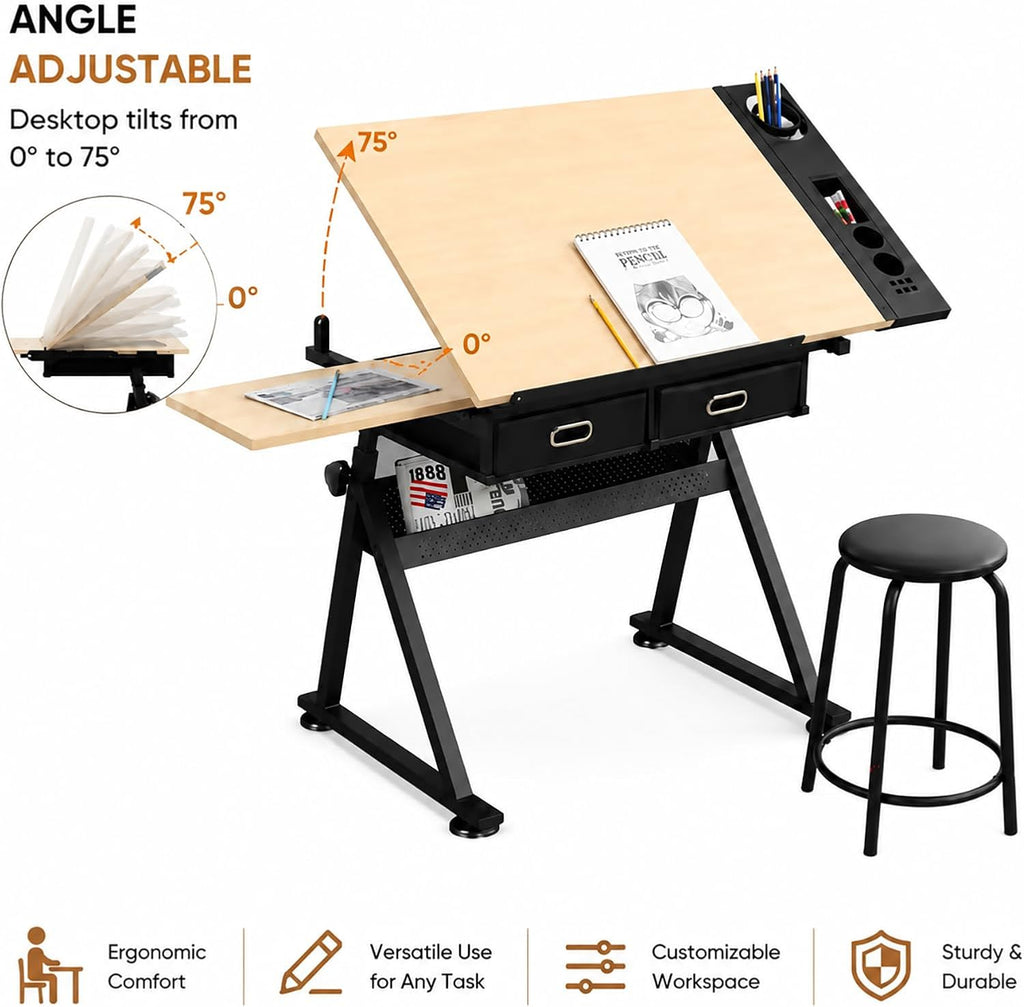 Adjustable Drafting Table with Stool, Tilt-Top Drawing Desk with 2 Drawers