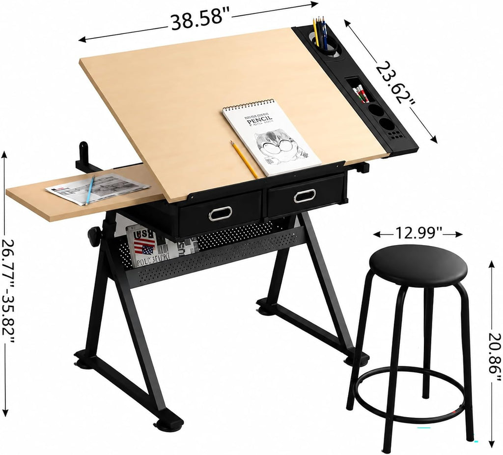 Adjustable Drafting Table with Stool, Tilt-Top Drawing Desk with 2 Drawers