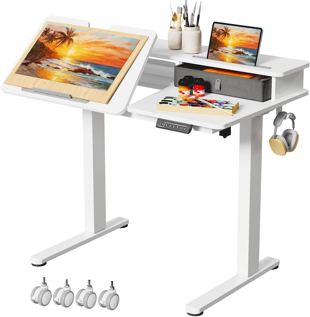 Gibbon Mounts 40â Standing Desk 60Â° Tilt Electric Drafting Table with Shelf