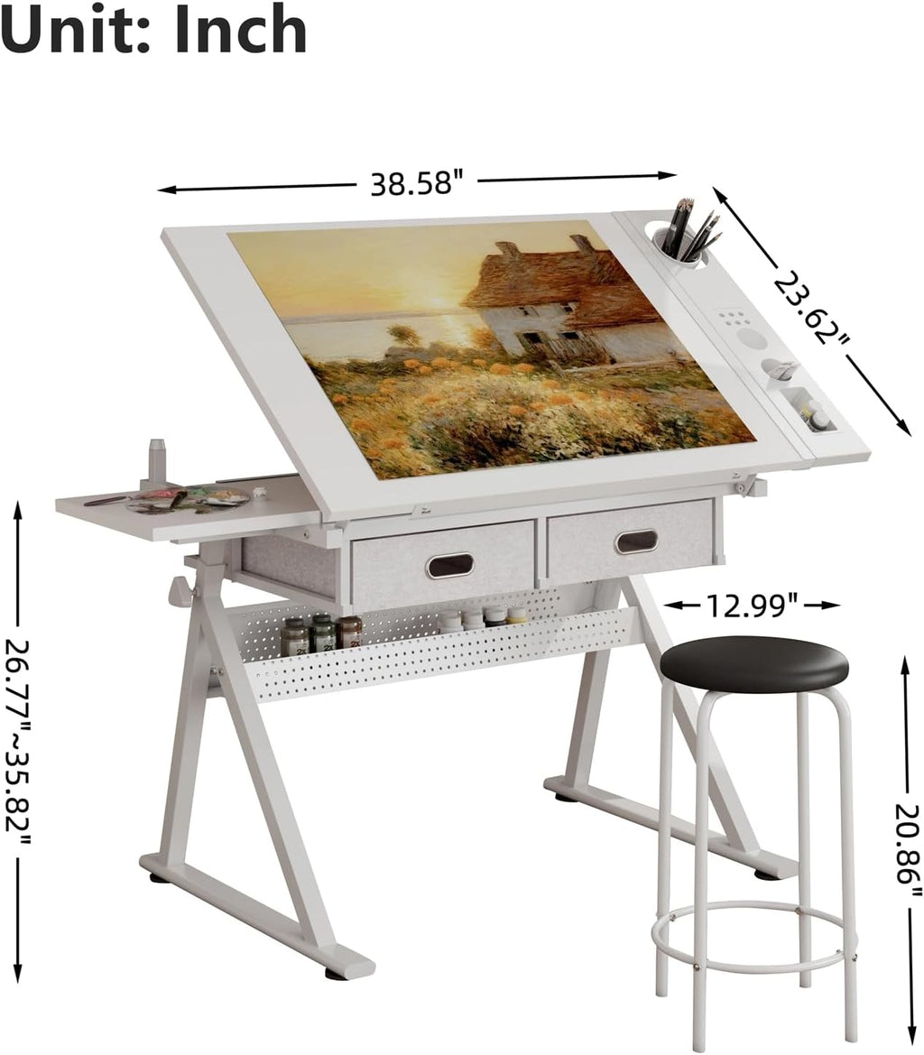 Drafting Table, Height Adjustable Art Table with Stool,T1-All White