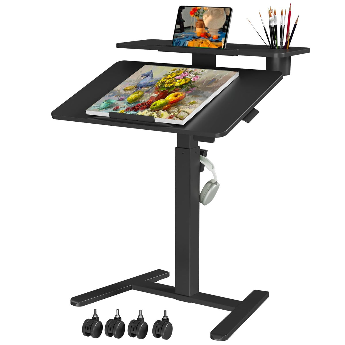 28" Mobile Standing Desk, Tiltable Top with 2-Tier Shelves, White