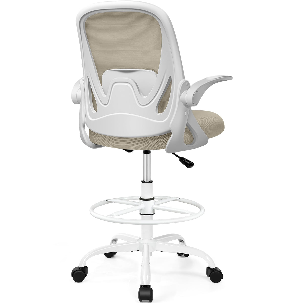 Drafting Chair Tall Office Chair with Flip-up Armrests, Adjustable Height, and Enhanced Lumbar Support - Ergonomic Rolling Stool, Back Support, and Adjustable Foot Rest Ring for Standing Desk White