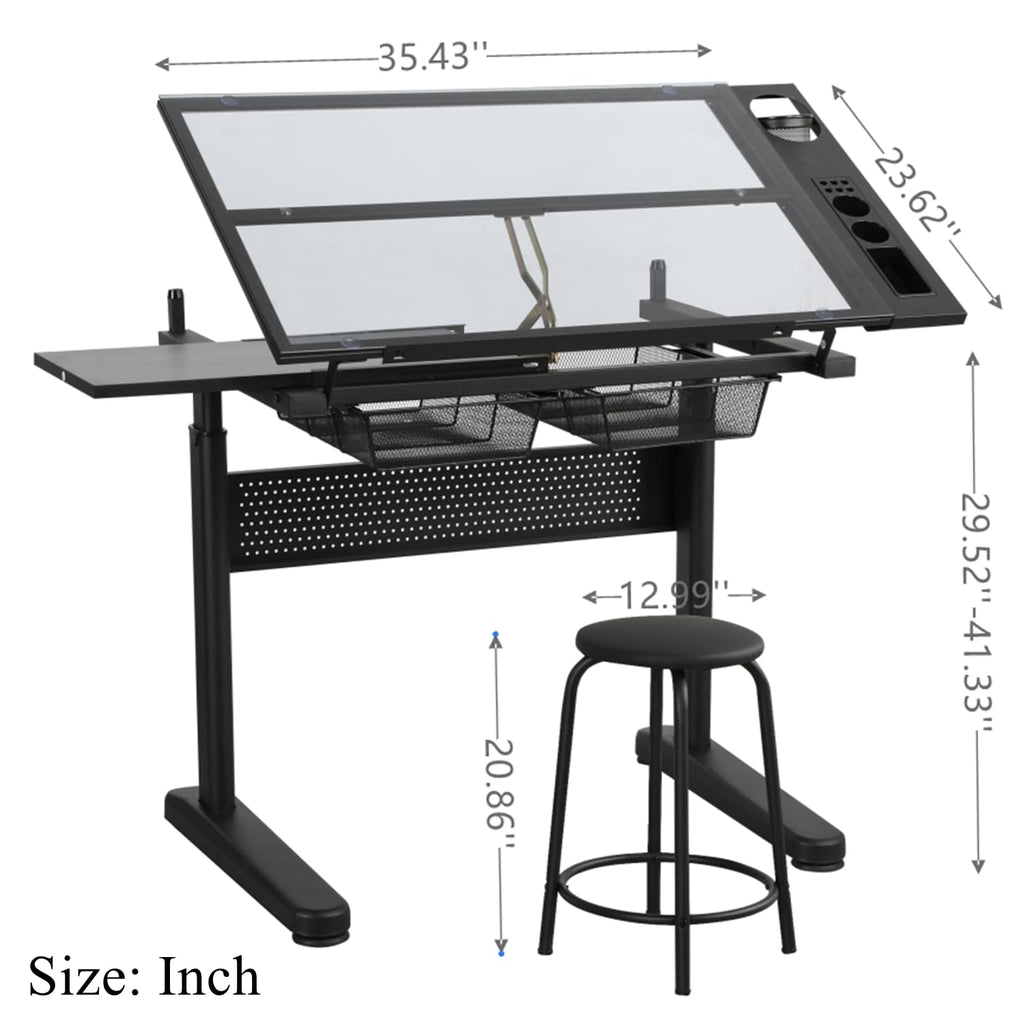 Drafting Table for Artists, Glass Drawing Table with Stool,T1-Black