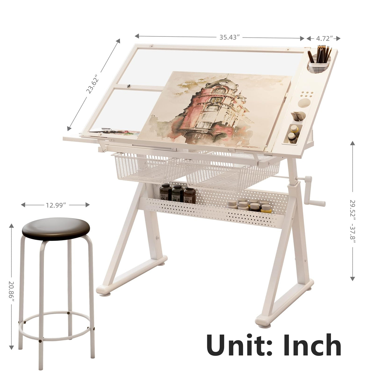 Drafting Table, Adjustable Height Drawing Table Art Table Painting Table Art Craft Desk with 0-75Â° Tilting Glass Tabletop and Storage Drawers, Black