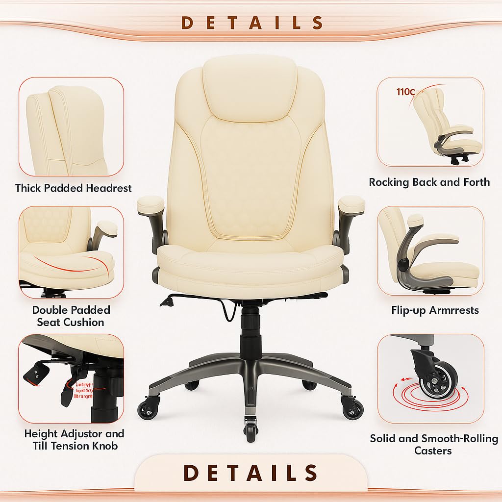 COLAMY High Back Executive Office Chairs, Ergonomic PU Leather Desk Chairs with Flip-Up Armrests, Adjustable Height, Lumbar Support, Comfortable Computer Chairs for Home Office, Set of 2