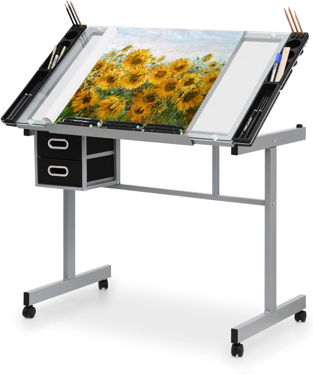 Drafting Table, Clear Glass, Angle Adjustable Top