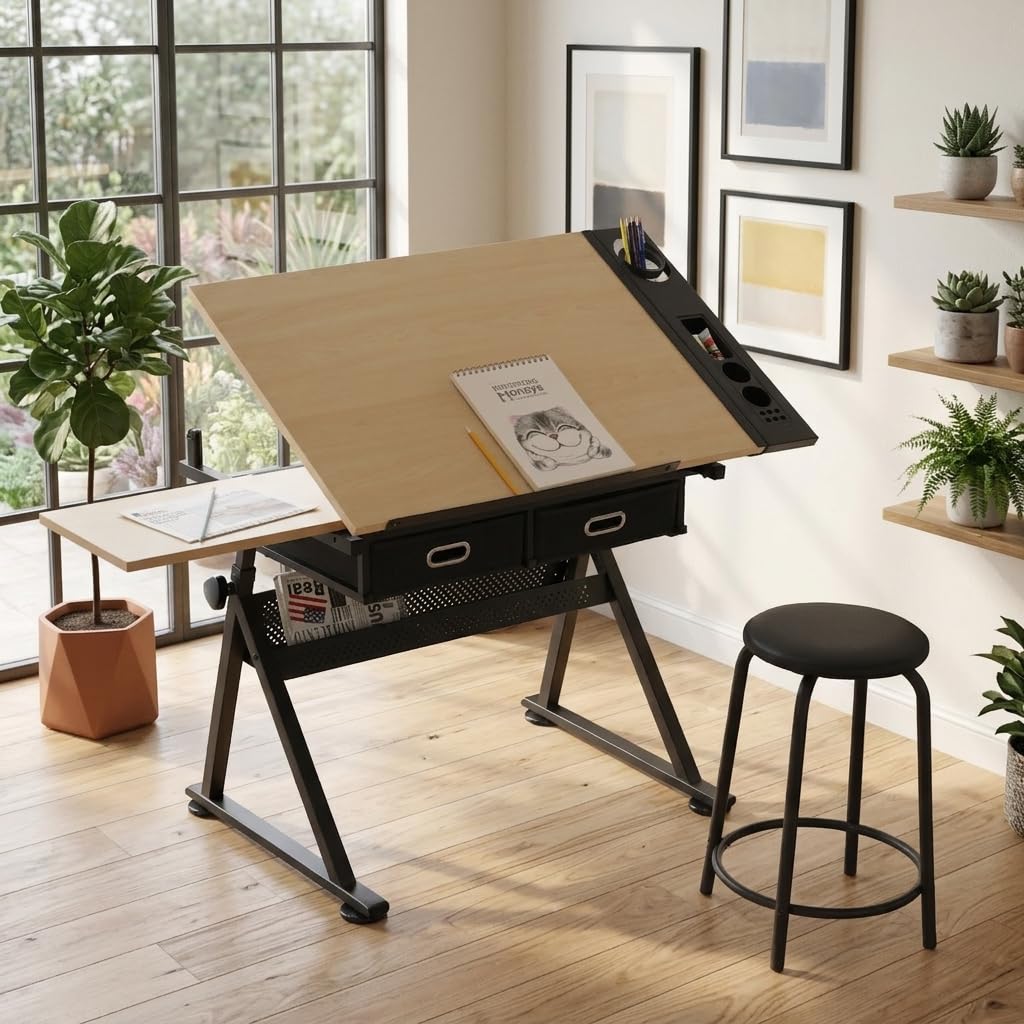 Height Adjustable Drafting Table w/Stool, Painting Table Art Craft Desk Crafting Drawing Desk with Tilting Tabletop, 2 Storage Drawers for Artist Painters (Rustic Brown)