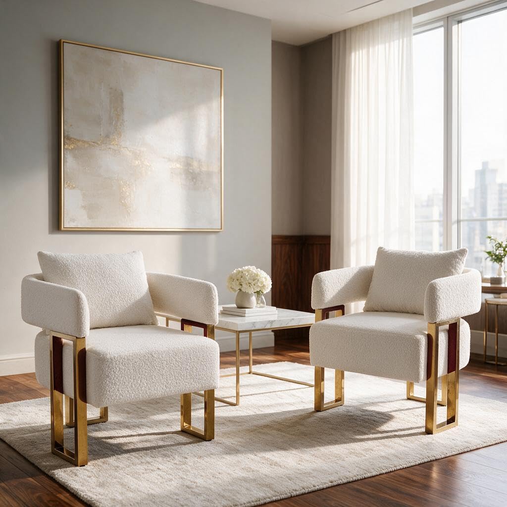 YISHENG Modern Barrel Accent Chairs Set of 2, Living Room Side Chairs with Golden Metal Legs Soft Upholstered Reading Armchairs no Wheels for Vanity/Reception Room//Bedroom/Lounge/Office,Black Teddy