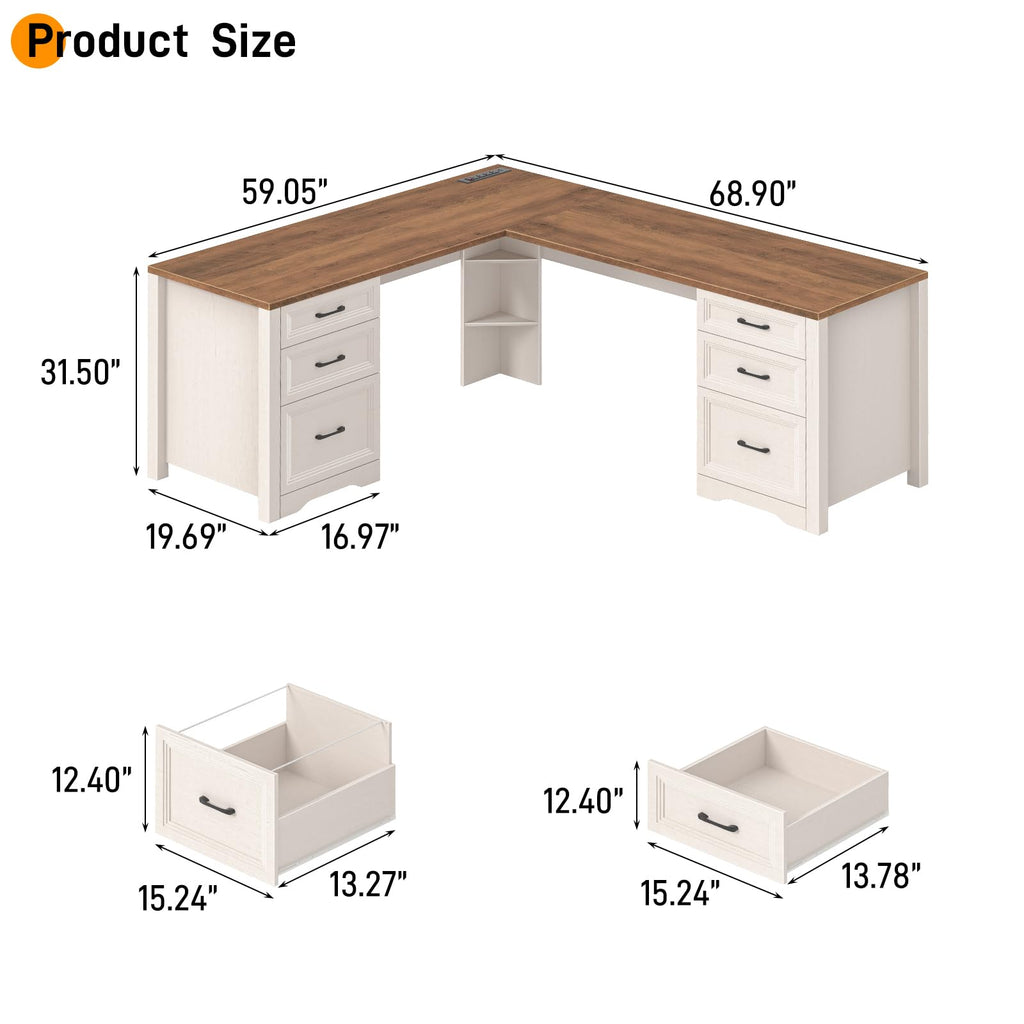 Halitaa Farmhouse Home Office Desk with 6 Drawers, L Shaped Executive Desk with Power Outlets and Triangle Under-Desk Storage Shelf & Drawer File Cabinet, Corner Computer Desk, Grey