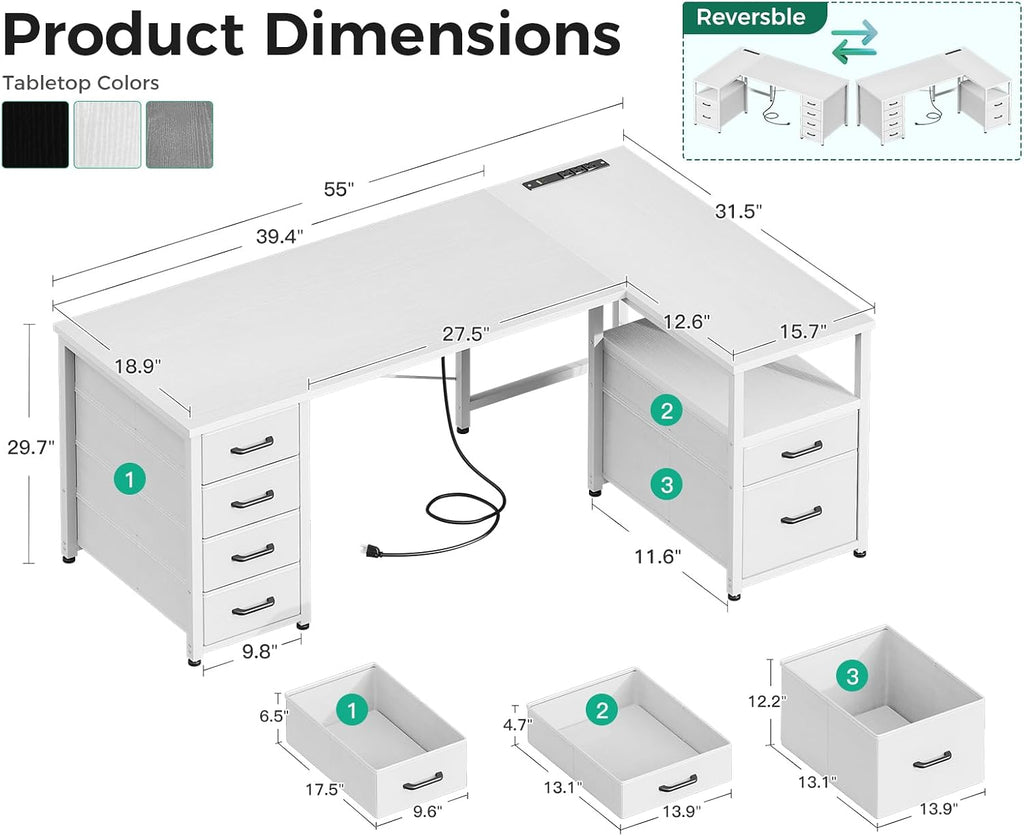 Coleshome 55 Inch L Shaped Office Desk with 6 Drawers, Power Outlet, White