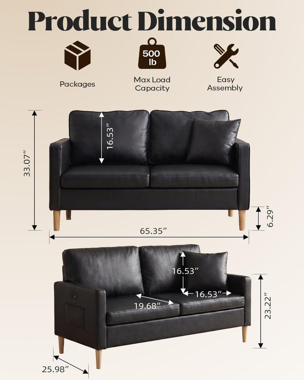3 Piece Black Faux Leather Modern Small Couch and Chair Set for Office
