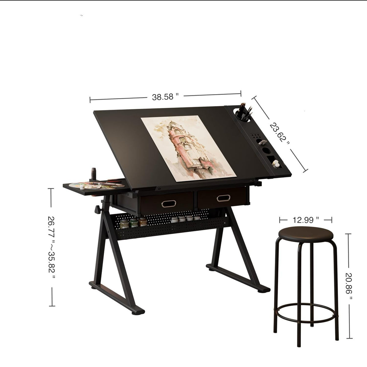 Height Adjustable Drafting Table Drawing Table Artist Desk Tilting Tabletop Art Craft Desk with 2 Storage Drawers and Stool, Art Craft Desk for Artist Painters Drawing Painting (All White)
