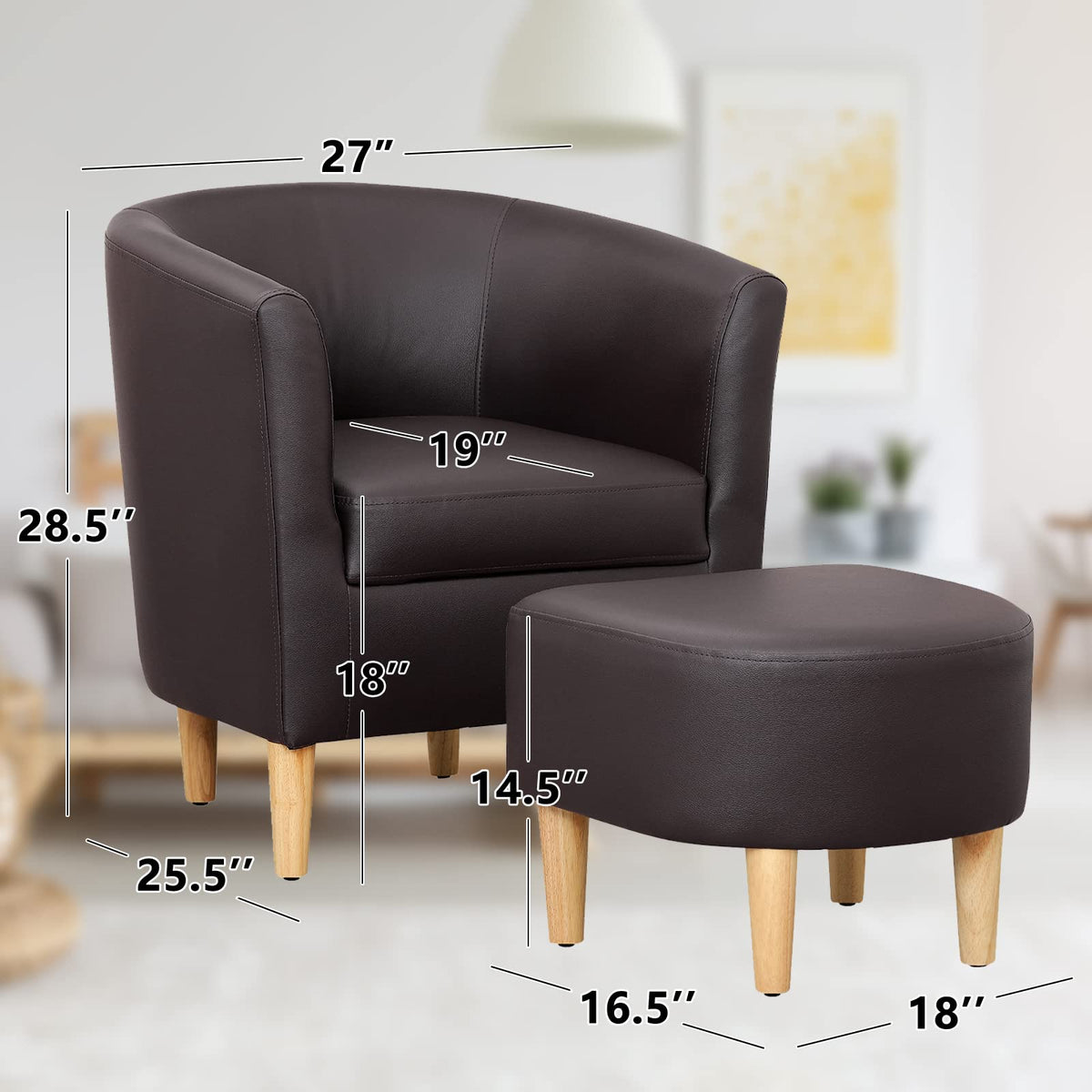 DAZONE Accent Chair with Ottoman, Modern Comfy Armchair Upholstered Barrel Club Chair and Footrest Set, Fabric Tub Arm Chairs for Living Room Bedroom Small Spaces Apartment Office, Set of 2, Gray