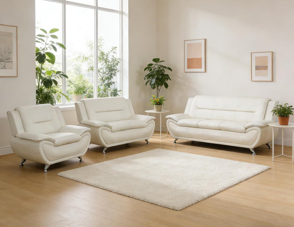 Leather Sectional Sofa Couches, Living Room Sofa and Loveseat Set, Faux Leather Couch and Loveseat Set for Office/Bedroom/Apartment, Cream