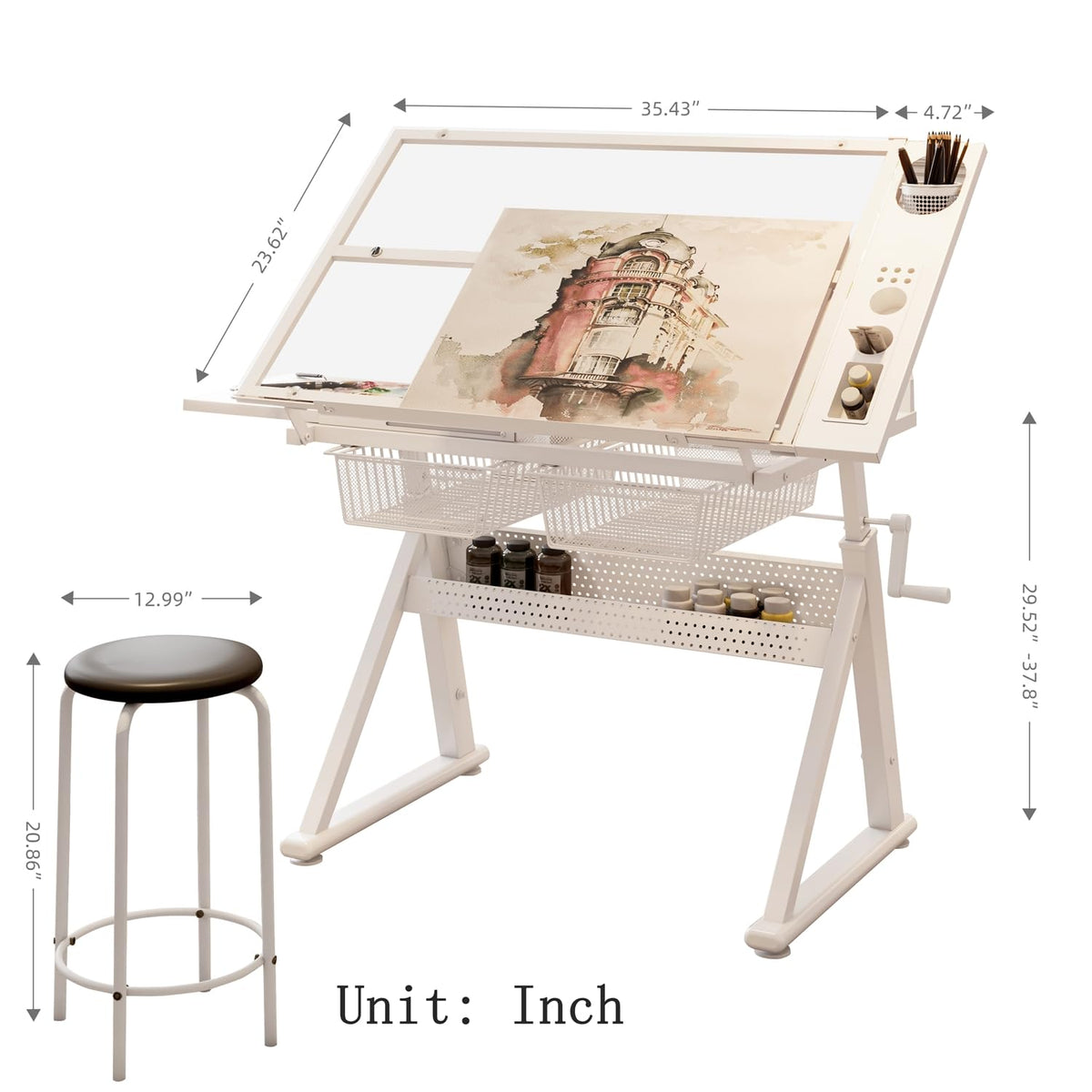 Drafting Table for Artists, Glass Drawing Table with Stool,T1-Black