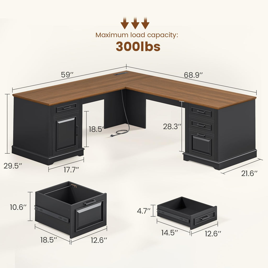 Itaar Farmhouse L Shaped Desk, Executive Computer Desk with Drawers and Storage Cabinet, Home Office Desk with File Drawer and Power Outlet, Corner Desk, Workstation for Office Home, Grey