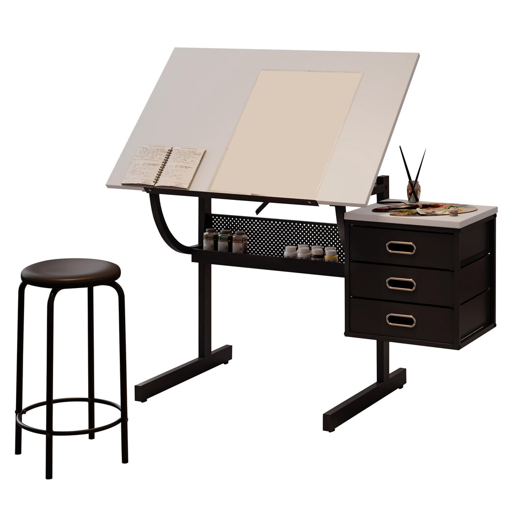 Adjustable Drafting Table with Stool, 0-75Â° Tilting Art Desk, White
