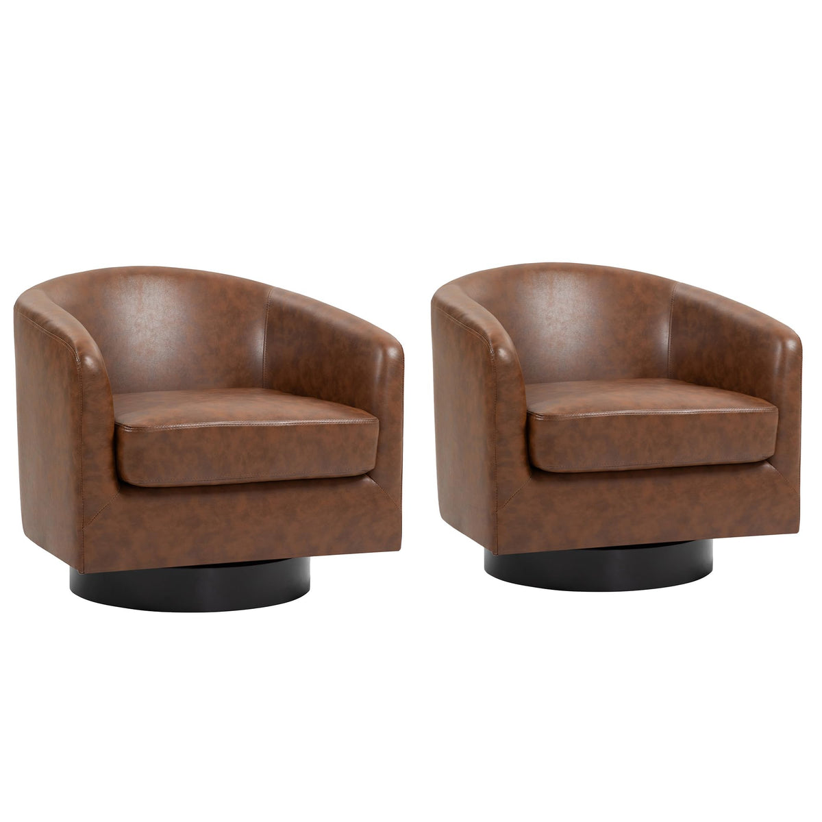 Faux Leather Swivel Accent Chairs Set of 2, Barrel Armchair, Brown