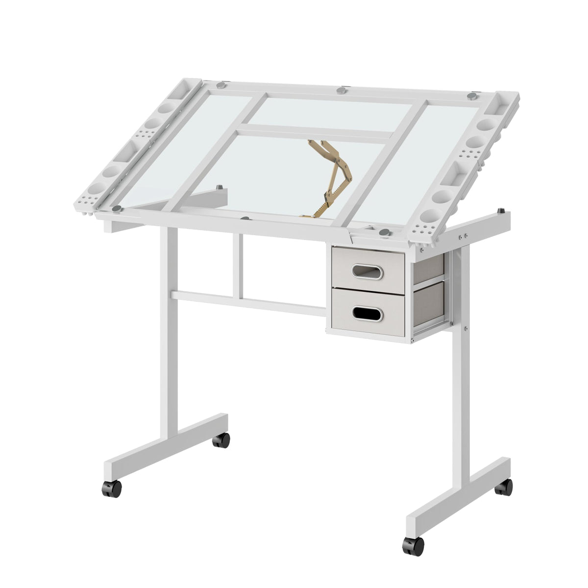 White Drafting Table with Stool, Height Adjustable Art Craft Desk with Tilting Tempered Glass Tabletop, Expansion Board, Multi-Storage, Drawing Table for Studio, Artists, Home Office, Painters, White