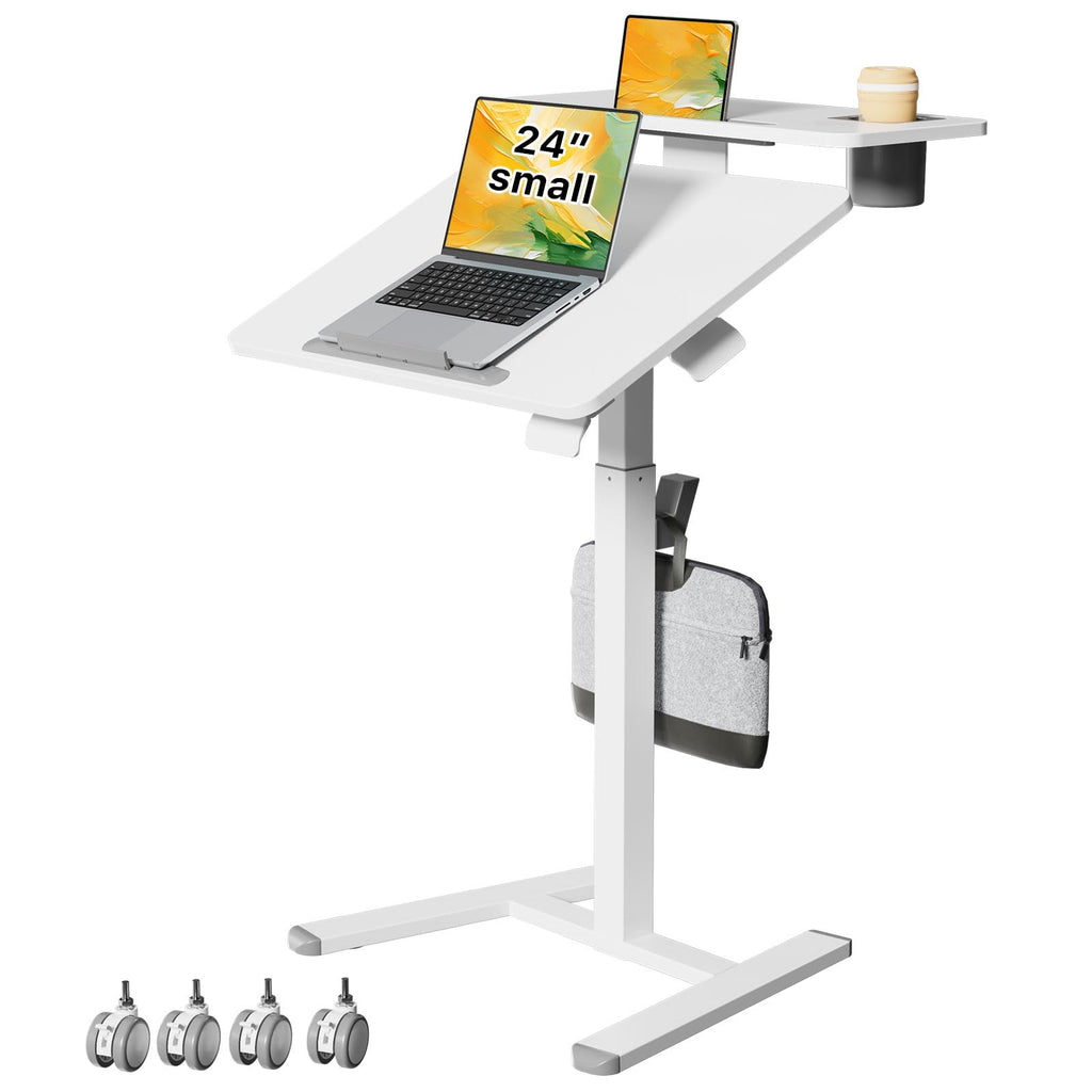 28" Mobile Standing Desk, Tiltable Top with 2-Tier Shelves, White