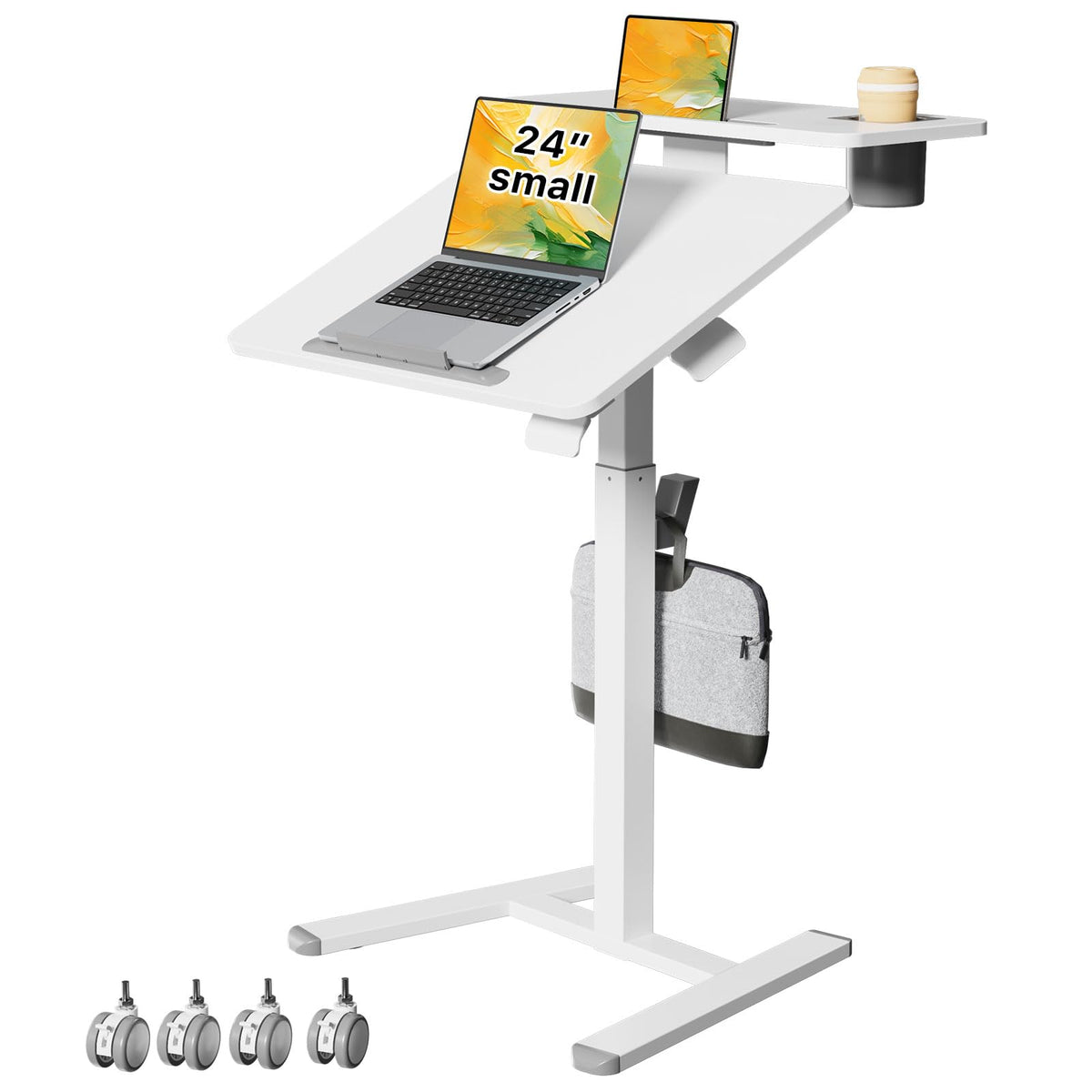28" Mobile Standing Desk, Tiltable Top with 2-Tier Shelves, White
